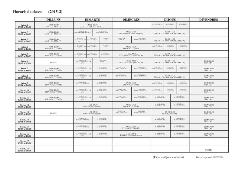 Spring semester 2015/16 schedule